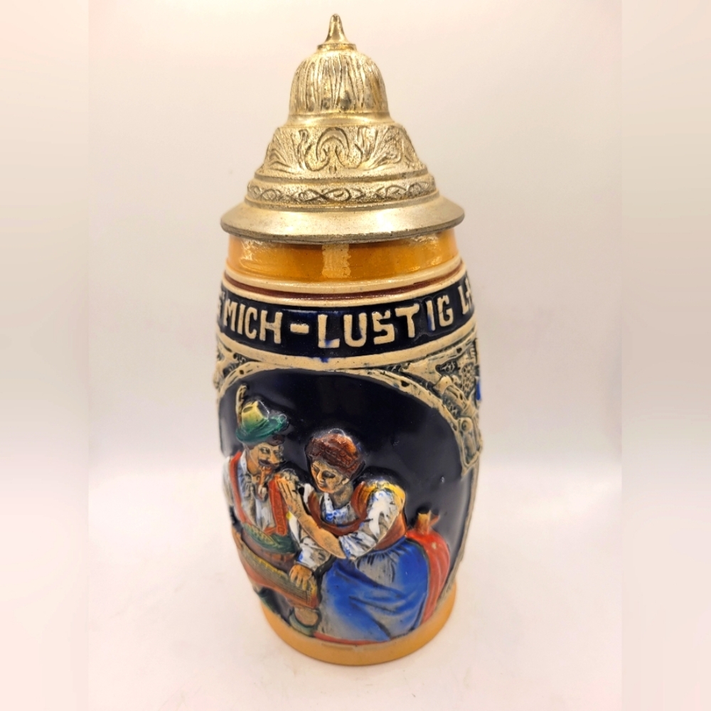 Western Germany Lidded Beer Stein Lustig Fass Mich Lustig Lass Mich German